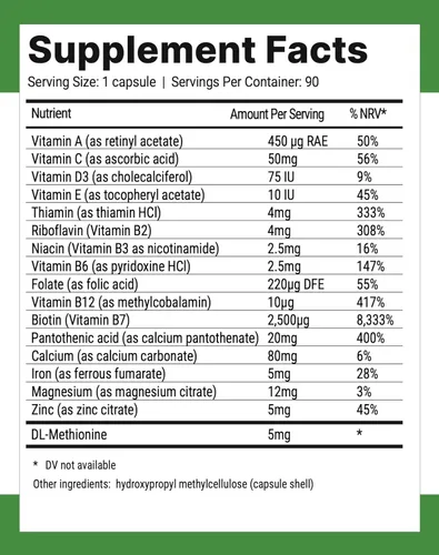 Vista 2 de Nutri-Align Complejo de biotina Hair Defence para Keto y ayuno 90 cápsulas Biotina para el crecimiento del cabello de alta resistencia - 2500