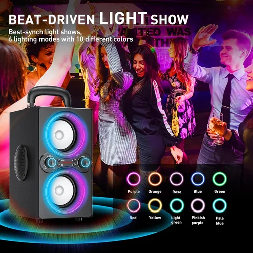 Vista 4 de TPyesss Altavoces Bluetooth, 80 W (pico) inalámbrico TWS altavoz Bluetooth portátil, luces impulsadas por ritmo, altavoz estéreo de 100 dB