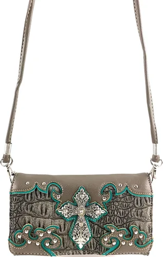 Vista 3 de Justin West Western Tooled Croc - Cartera de plata con diamantes de imitación