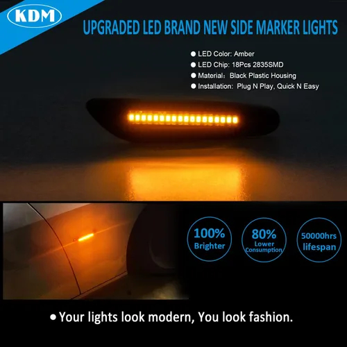 Vista 2 de KDM Luces LED de marcador lateral para guardabarros para BMW E90 E91 E92 E93 E46 E60 E61 E81 E82 E87 E88 E83 X3 E84 X1 325i 328i 335i 330i, señal