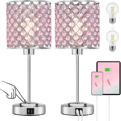 Vista 8 de Lámpara de mesa de cristal GyroVu para dormitorio, lámpara de mesita de control táctil con puertos USB-C+A, lámpara de noche regulable dorada