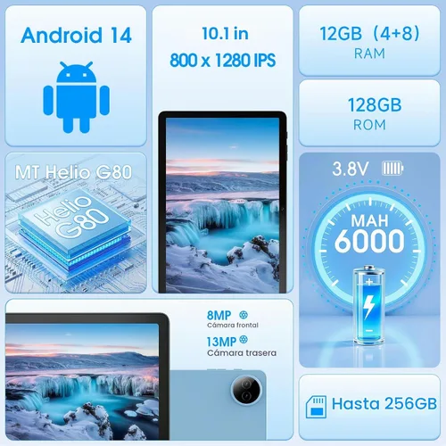 Vista 2 de DigiLand Tablet Android con pantalla táctil HD, tableta WiFi para estudio, lectura y transmisión, tableta ligera para el hogar, estudiantes y Azul