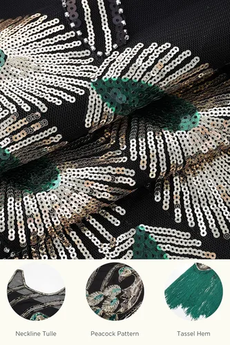 Vista 4 de Vestido de fiesta con flecos, lentejuelas y plumas de pavo real, estilo vintage años 20 de Babeyond