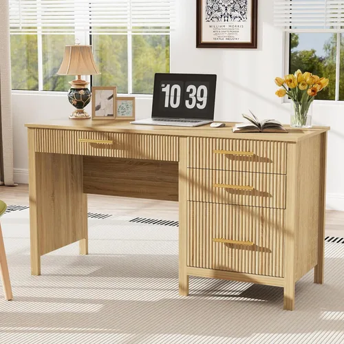 Vista 9 de Modern Executive Desk with Drawers: 54 Inch Black Home Office Desks with File Drawer, Wood Fluted Desk with Storage, Writing Computer Desks with 4