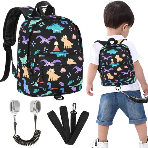 Vista 21 de Accmor Arnés de mochila de dinosaurio para bebés con correa para niños pequeños con eslabón de muñeca antipérdida, bonita bolsa de guardería