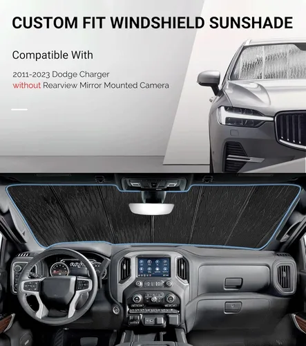 Vista 2 de Parasoles para parabrisas Pigenius para Dodge Charger 2011-2023 sin cámara montada en espejo retrovisor, parasol para ventana delantera - AstraGuard