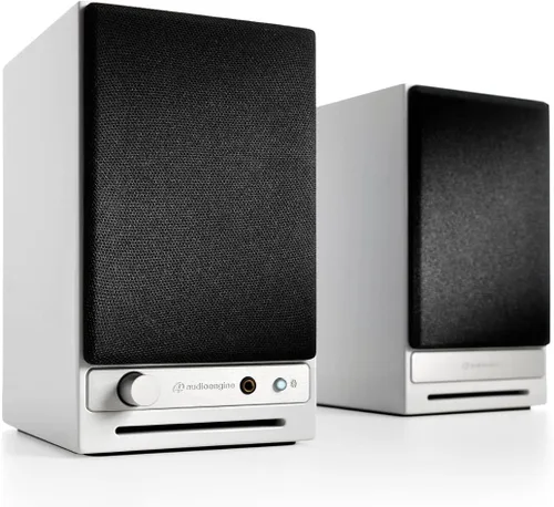 Vista 2 de Audioengine Paquete de altavoces Bluetooth A2 HD (HD3) con alimentación blanca y subwoofer blanco S8