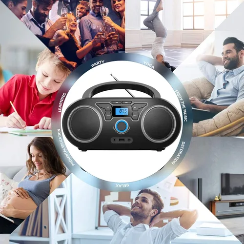 Vista 8 de Boombox de CD portátil con Bluetooth, radio FM, puerto USB, compatible con MP3-CD, entrada AUX, conector para auriculares, control remoto, estéreo