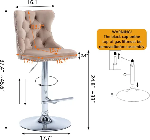Vista 72 de Taburete de bar giratorio con respaldo copetudo, taburetes de bar ajustables en altura de mostrador, ribete de cabeza de clavo, silla de bar
