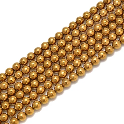 Vista 3 de Cuentas sueltas redondas lisas de hematita chapada en oro de 6mm, cuentas naturales de gematone para joyería y manualidades, 1 cadena de 15 pulgadas