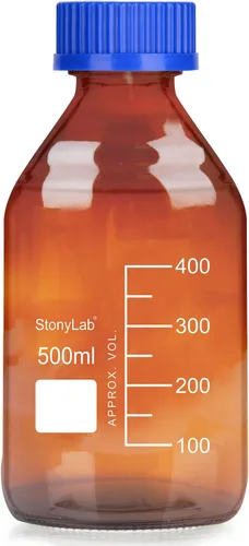 stonylab Botellas redondas graduadas de vidrio ámbar con tapa de rosca GL45, 16.9 fl oz, 1 paquete