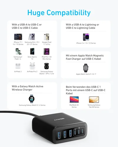 Vista 6 de Cargador de escritorio Anker, cargador USB C de carga rápida, estación de carga de 6 puertos con 112W máx, para iPhone 17, iPad, MacBook, Samsung