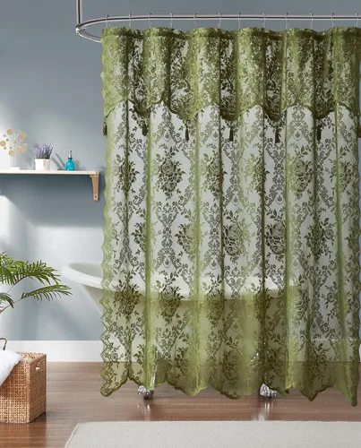 Vista 19 de Warm Home Designs Cortina de Ducha para Cabina Negra de 36 x 72 Pulgadas con Cenefa Adjunta y 4 Borlas. Cortina de Ducha Pequeña de Encaje de Lujo