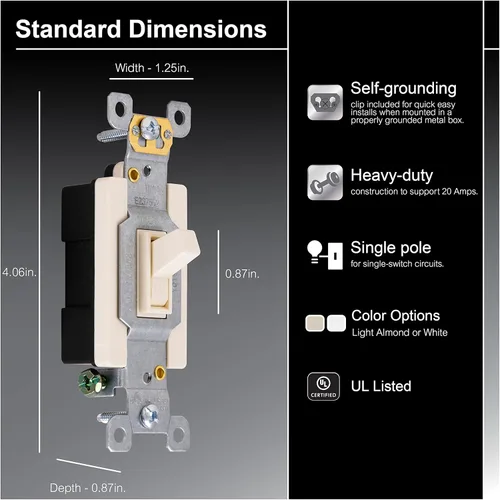 Vista 2 de GE Almendra, GE Ultra Pro de servicio pesado, un solo polo, interruptor de luz de pared, ventilador, un solo interruptor para circuitos, clip