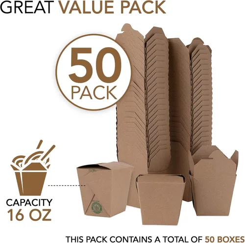 Vista 2 de Recipientes de comida para llevar de 16 onzas para microondas, caja de papel kraft marrón chino para llevar (paquete de 50) resistente a fugas
