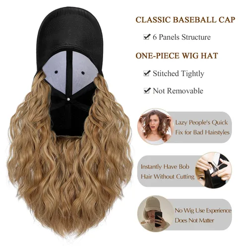 Vista 3 de Qlenkay Gorra de béisbol con extensiones de cabello de 14 pulgadas, ondulado, rizado, estilo Bob, peluca ajustable, sombrero de peluca sintética