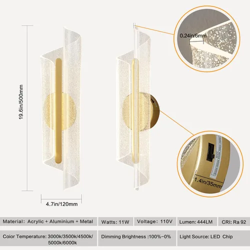 Vista 6 de Apliques de pared dorados modernos de 19.7 pulgadas, iluminación de pared, luces LED regulables para sala de estar, dormitorio, baño, escaleras