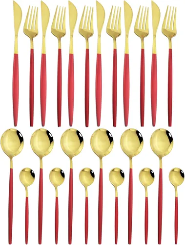 Vista 19 de JASHII Juego de cubiertos de acero inoxidable chapado en titanio de 24 piezas, 24 cubiertos negros, cubiertos para 6 (brillante)