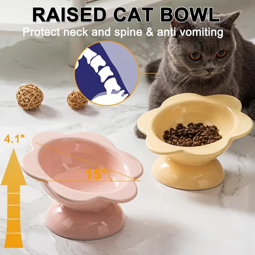 Vista 5 de Cuenco elevado de cerámica para gatos, Tazón de comida elevado inclinado de 15° para gatos, Alimentador para mascotas en forma de flor de porcelana