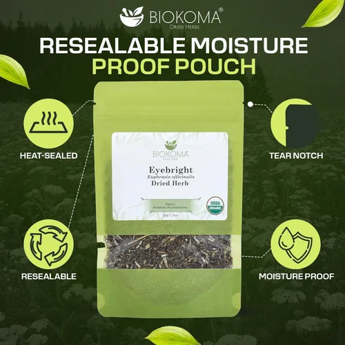 Vista 4 de Biokoma Té de hierbas orgánicas Eyebright de 1.76 onzas Euphrasia Officinalis Loose Herbal Tea USDA - Bolsa resellable a prueba de humedad, sin