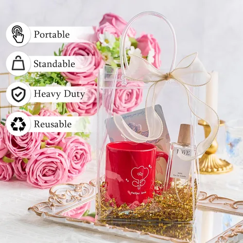 Vista 4 de Ohuimrt 20 bolsas de regalo de plástico transparente con asas, bolsas de recuerdo para fiestas reutilizables con cinta, bolsas de regalo