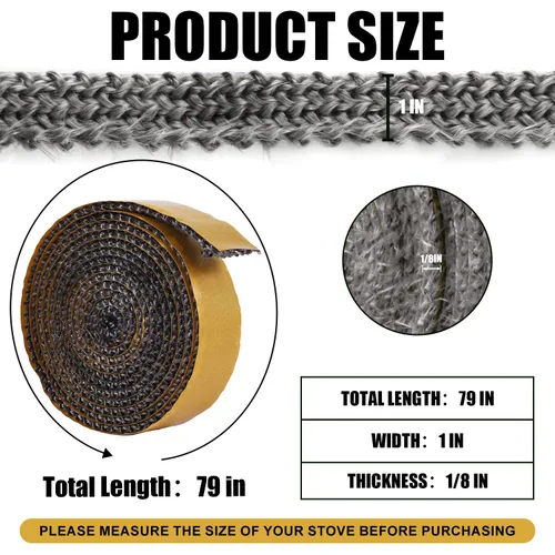 Vista 2 de Sello de cinta para chimenea, 1 x 1/8 x 79 pulgadas, sello de cuerda de fibra de vidrio autoadhesivo, junta de estufa de madera, cinta plana