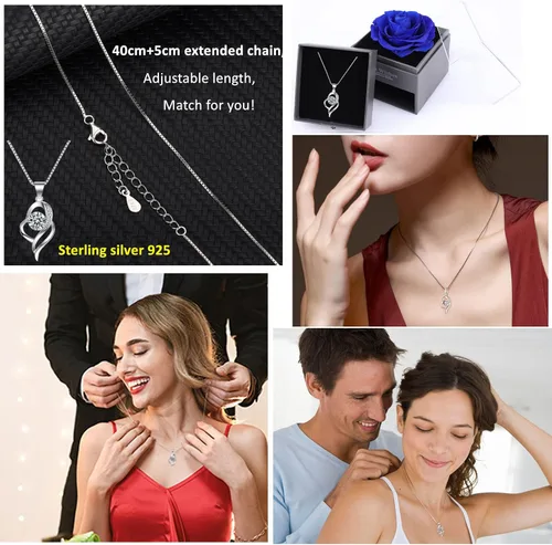 Vista 2 de Rosa real preservada con collar de plata de ley, caja de regalo de joyería de rosa preservada con collar con dije, rosa eterna, regalo para mamá