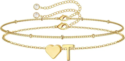 Vista 41 de M MOOHAM Pulseras de oro con inicial de corazón para mujer, pulseras con dije de letra A-Z de corazón dorado en capas para mujer, pulseras