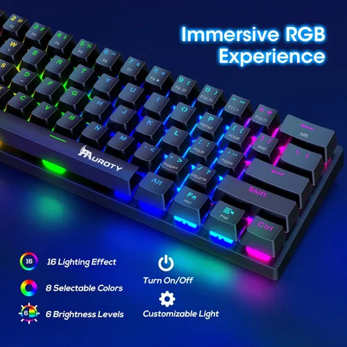 Vista 3 de Pauroty 60% Teclado mecánico inalámbrico, teclado de juego de triple modo 2.4G/USB-C/Bluetooth, retroiluminación RGB, interruptor azul clicky