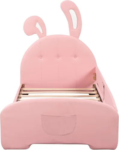 Vista 22 de Elegante cama de princesa tapizada de tamaño individual con cabecera corona, plataforma de piel sintética con soporte resistente de listones