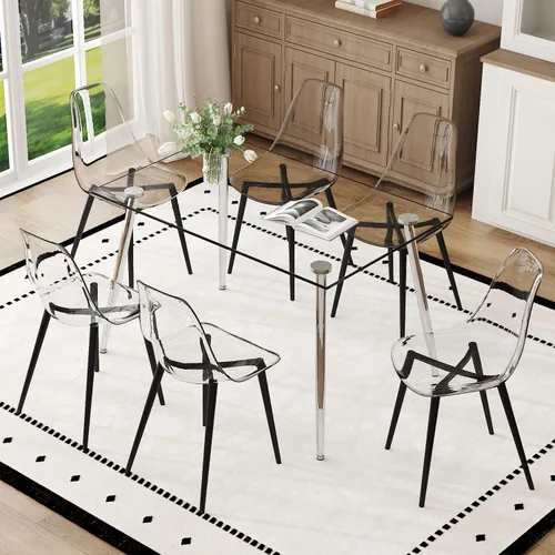 Vista 11 de Juego de mesa de comedor de cristal de Ebullient para 4 personas, juego de 5 piezas con 4 sillas de comedor de piel sintética negras, tablero