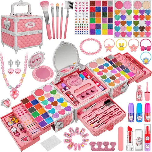 Vista 7 de Juego de 99 piezas de maquillaje para niñas, juguetes de princesa, juego de cosméticos lavables con espejo, lazos para el cabello, uñas, anillos