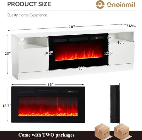 Vista 8 de oneinmil Soporte de TV para chimenea con chimenea eléctrica de 36", centro de entretenimiento con luz LED, gabinete de almacenamiento moderno