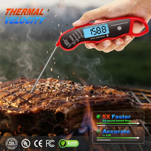 Vista 2 de Termómetro digital para carne de lectura instantánea de 0.6S, sonda/lápiz, calibrado de fábrica/impermeable/retroiluminado/magnético/pantalla