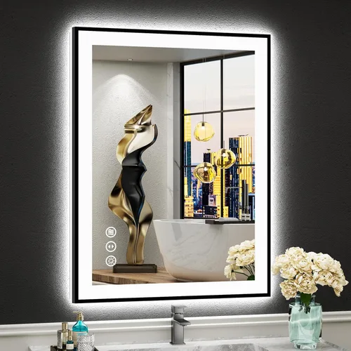 Vista 73 de Espejo de baño LED de 48 x 30 pulgadas con luces, retroiluminado + frontal iluminado, espejo de tocador con luz antiniebla para pared de baño con 3