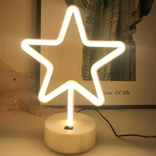 Vista 4 de Luz de letrero de neón con base en forma de estrella, lámpara de mesa LED para fiesta, Navidad, cumpleaños, decoración de luz de estrella, USB
