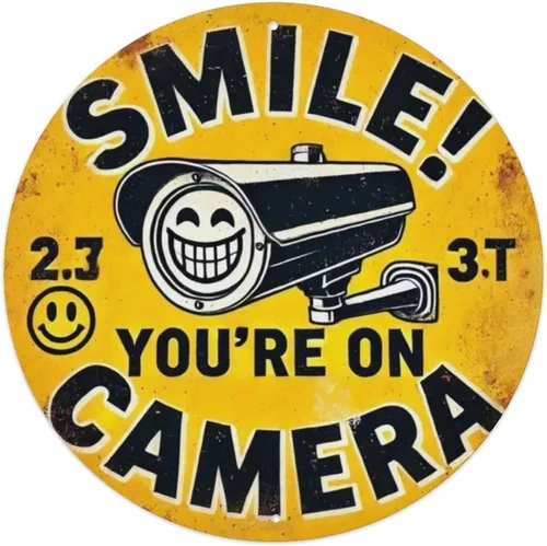Lolltech SMILE! YOU'RE ON CAMERA Round Tin Sign Retro Metal Sign for Cafe Bar Pub Home Wall Decor Metal Poster 8x8 Inch