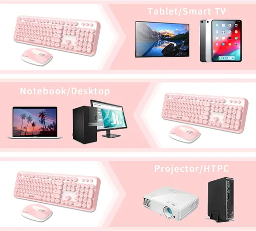 Vista 3 de Combo de teclado y mouse inalámbrico rosa, combo de teclado y mouse retro inalámbrico de 2.4 GHz, teclado inalámbrico Letton de tamaño completo