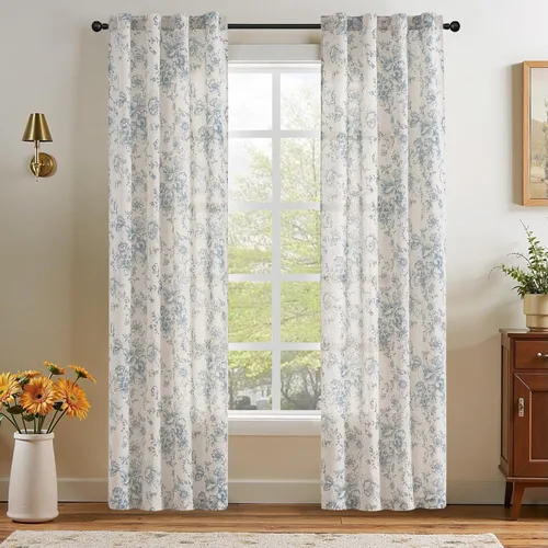 Vista 28 de JINCHAN Cortinas de mezcla de lino con flores para sala de campo francés, cortinas para sala de estar de 84 pulgadas de largo, cortinas impresas