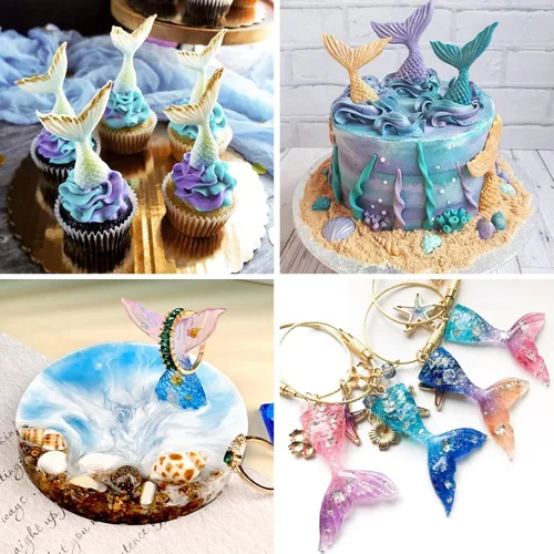 Vista 3 de Sakolla 2 unidades de moldes de cola de sirena, moldes de sirena para chocolate, decoración de pastel, dulces, cupcakes de resina, gomitas (Azul)