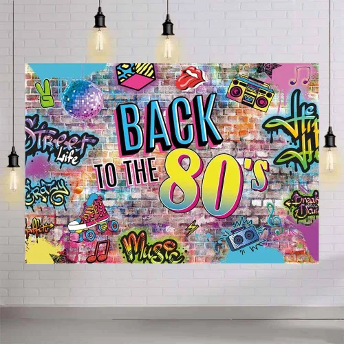 Vista 4 de AIBIIN Fondo de 7 x 5 pies de Back to the 80's Colored Graffiti Brick Wall 80s con temática de fotografía de fondo Splash Hip Hop Disco Retro 80's