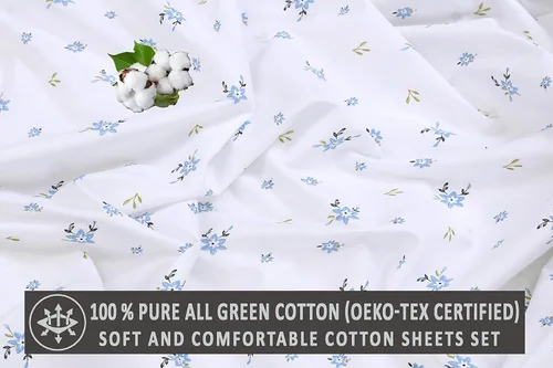 Vista 8 de Ruvanti - Sábanas de cama de 100% algodón, juego de 4 piezas de cama, diseño floral azul de tamaño Matrimonial, tela suave, transpirable, sábanas
