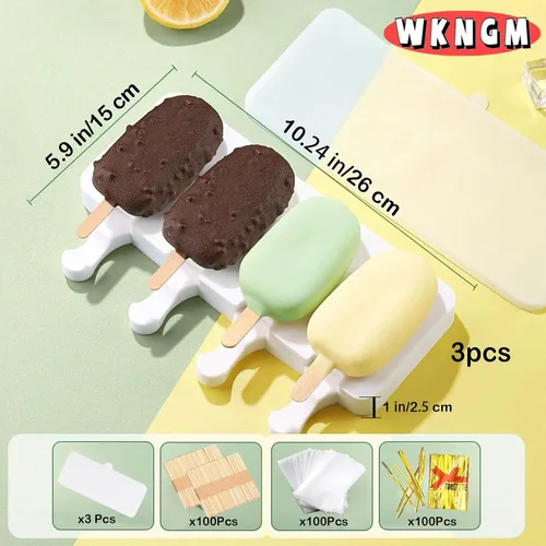 Vista 4 de 3 moldes de silicona grandes para paletas con tapas, 4 cavidades, moldes ovalados para barra de helado, moldes de silicona con 100 palos de madera
