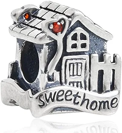 Vista 2 de JORLLA Sweet Home Charms con piedra roja Cz de plata de ley maciza para pulsera Euroepan