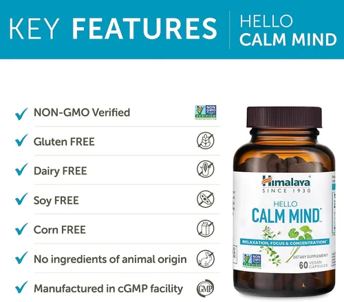 Vista 5 de Himalaya Hello Calm Mind - Suplemento de hierbas con bacopa, L-teanina, Gotu Kola, apoya la concentración y la concentración, la función cognitiva