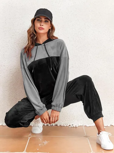 Vista 4 de ZAFUL Conjunto deportivo de 2 piezas para mujer, sudadera con capucha y pantalones con cordón y bolsillos