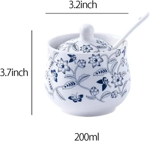 Vista 2 de Azucarero de cerámica Tarro de flores azules y blancas Tarro de almacenamiento de sal y pimienta con tapa y cuchara