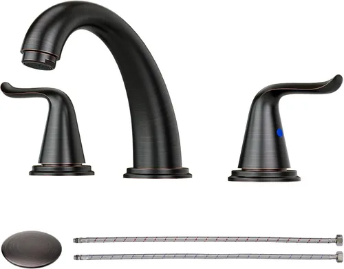 Vista 13 de WOWOW Grifo de Baño Extendido - 3 Orificios, Negro, Centro de 8 Pulgadas, Doble Manija, Arco Alto, Grifo de Lavabo con Ensamble de Drenaje Pop-Up