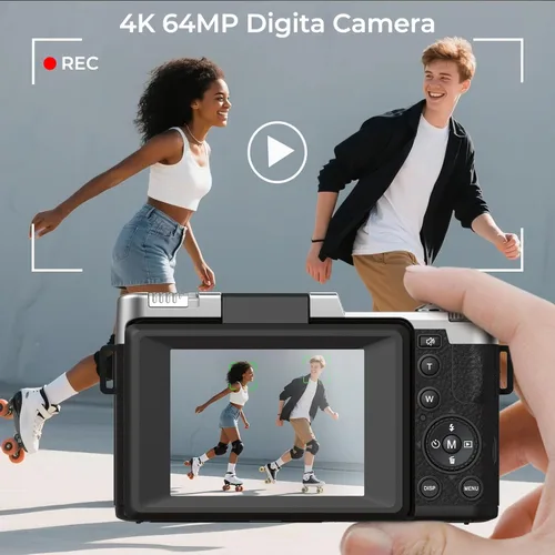 Vista 2 de Cámara digital 4K para fotografía de 64 MP cámara de vlogging para YouTube con punto de pantalla abatible y cámara de disparo para adolescentes