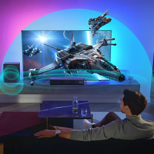 Vista 3 de GEOYEAO Barra de sonido de 2.1 canales con subwoofer, Barras de sonido Dolby Digital de 100W Altavoz de TV Sistema de Audio de Cine en Casa